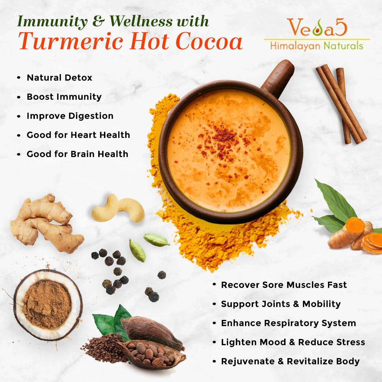 Turmeric Hot Cocoa Enriched with Coconut Sugar Benefits Veda5 Himalayan Naturals