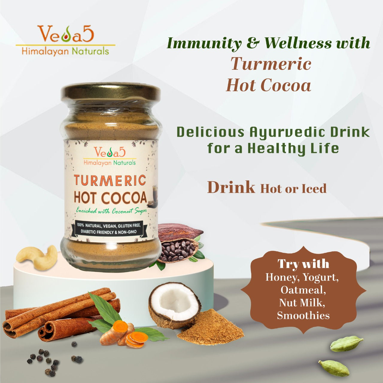 Turmeric Hot Cocoa Enriched with Coconut Sugar Veda5 Himalayan Naturals