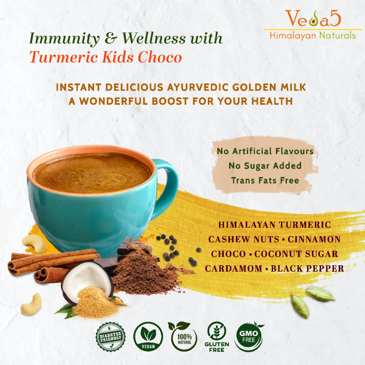 Turmeric Kids Choco Super Milk Enriched with Coconut Milk Ingredients Veda5 Himalayan Naturals