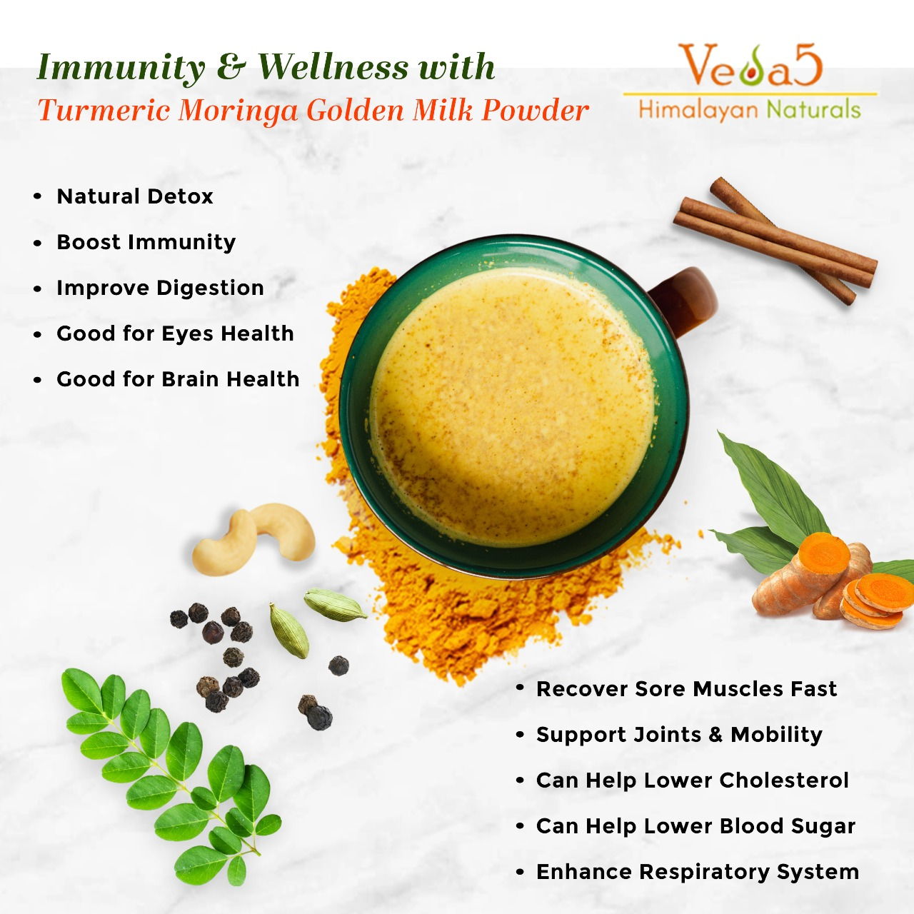 Turmeric Moringa Golden Milk Powder Benefits Veda5 Himalayan Naturals