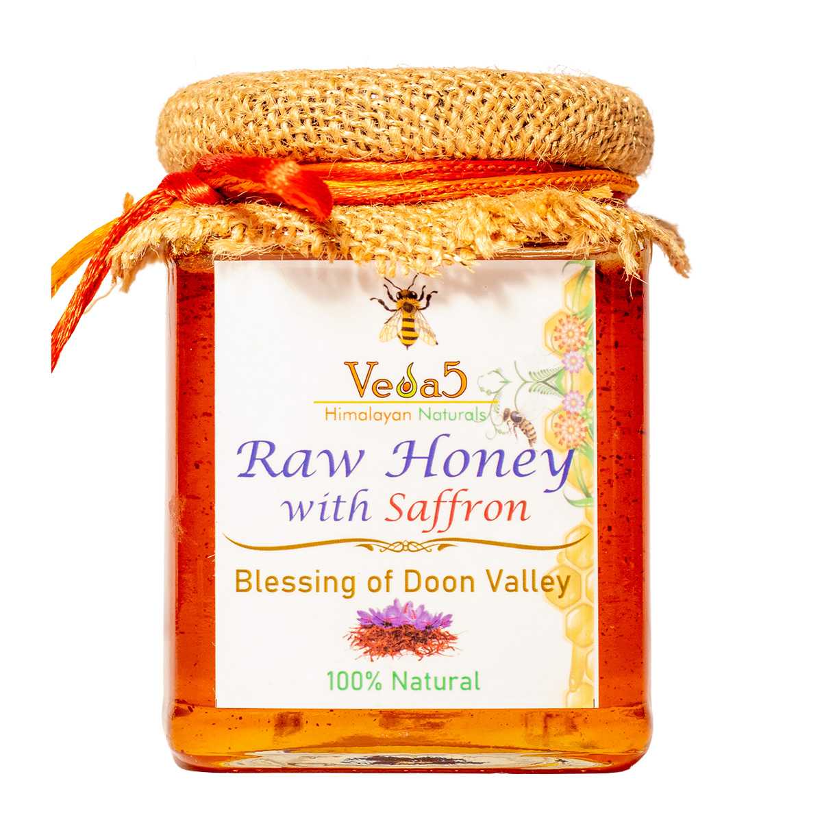 Veda5 Raw Honey with Saffron 100 Natural No Added Sugar Blessings of Doon Valley 300gm Frontside